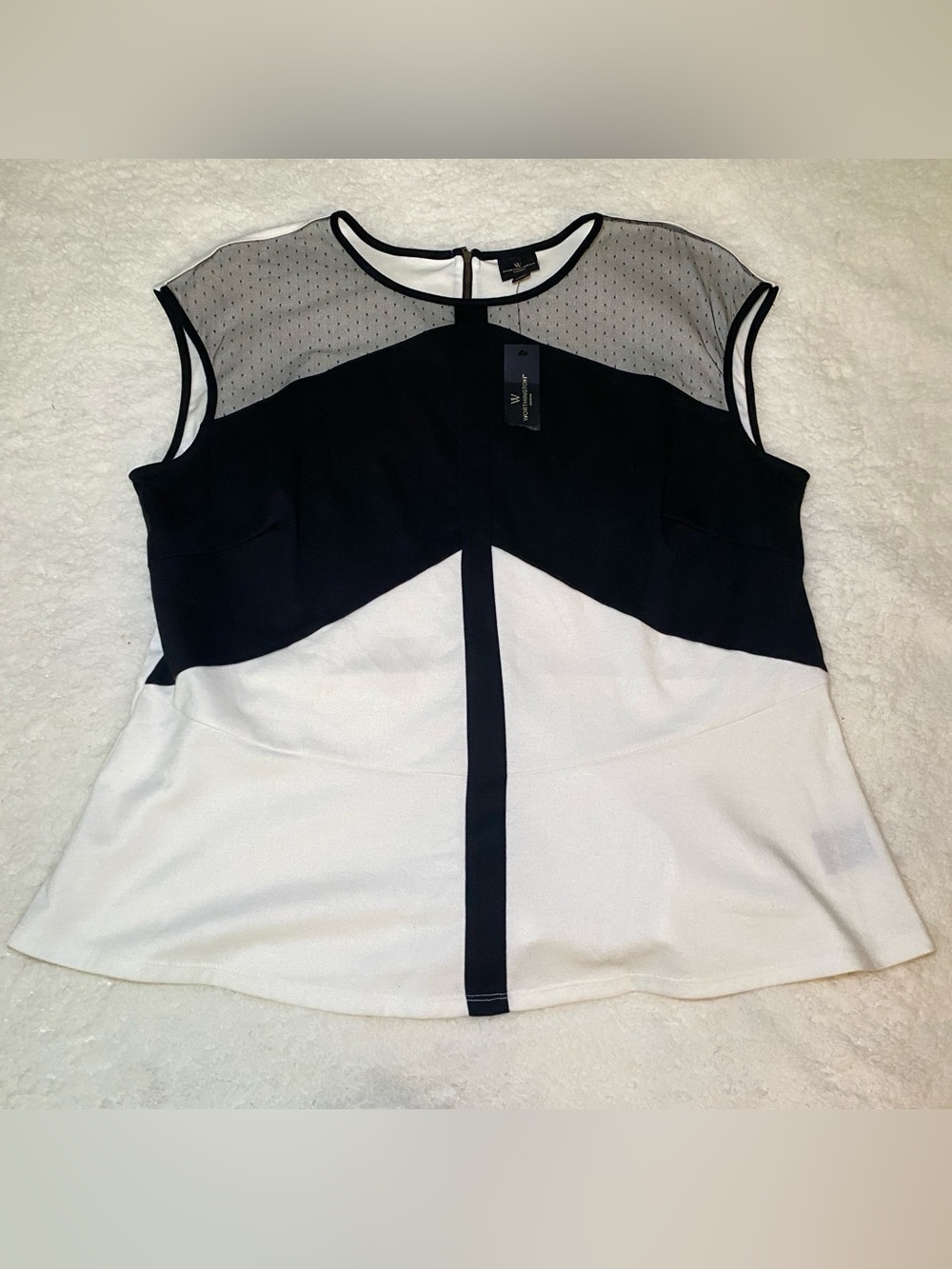 Worthington Black and White Cap-Sleeve Mesh Yoke Top